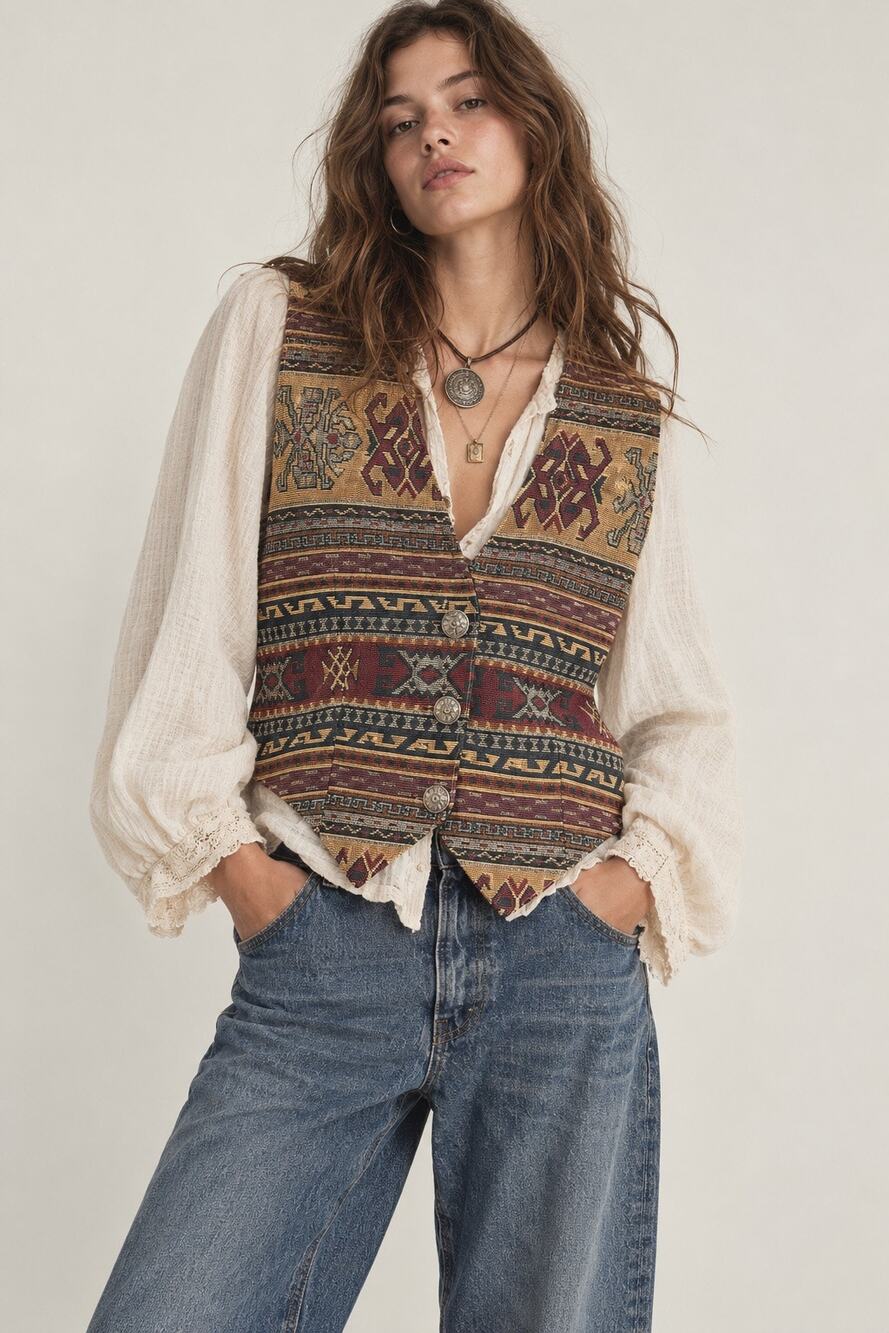 Patricia Wolf Vintage Tapestry Western Vest Multicolor S